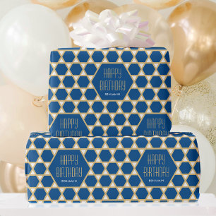 Gelukkige Verjaardag Blauw Gouden Sterpatroon Gepe Cadeaupapier