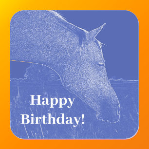 Gelukkige Verjaardag Blauw Paard Hoofd Vierkante Sticker