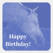 Gelukkige Verjaardag Blauw Paard Hoofd Vierkante Sticker (Voorkant)