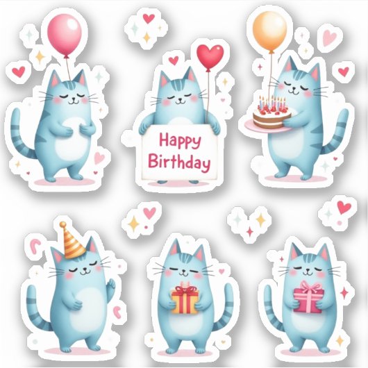 Gelukkige Verjaardag - Blauwe Katten - Cake Balloo Sticker (Voorkant)
