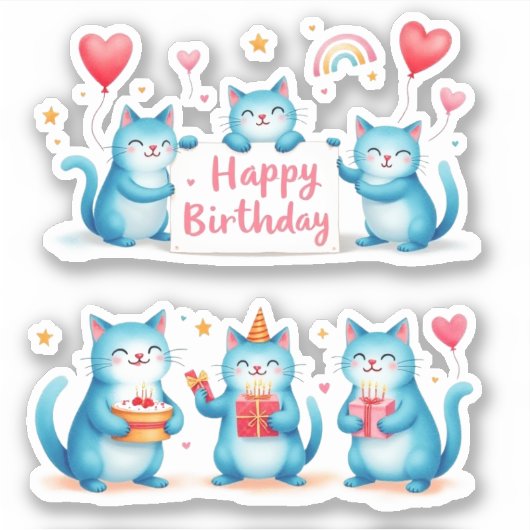 Gelukkige Verjaardag - Blauwe Katten - Cake Balloo Sticker (Voorkant)