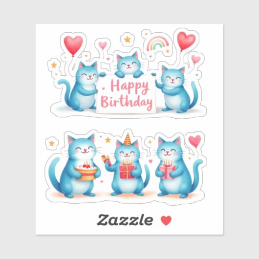 Gelukkige Verjaardag - Blauwe Katten - Cake Balloo Sticker (Vel)