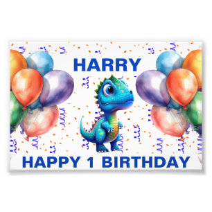 GELUKKIGE VERJAARDAG BLAUWE T REX FOTO AFDRUK