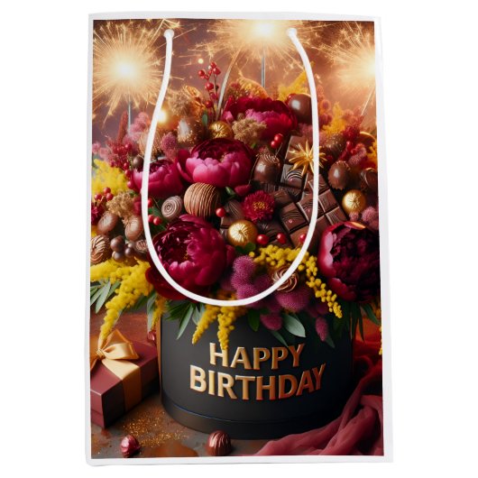 Gelukkige verjaardag, bloemen en chocolade, door N Medium Cadeauzakje (Voorkant)