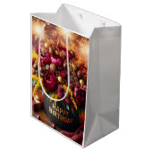 Gelukkige verjaardag, bloemen en chocolade, door N Medium Cadeauzakje (Achterkant Gekanteld)