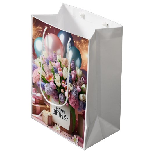 Gelukkige verjaardag, bloemen en geschenken, door medium cadeauzakje (Voorkant Gekanteld)