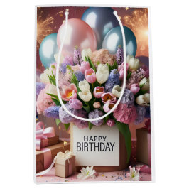 Gelukkige verjaardag, bloemen en geschenken, door  medium cadeauzakje