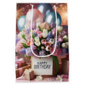 Gelukkige verjaardag, bloemen en geschenken, door medium cadeauzakje (Achterkant)