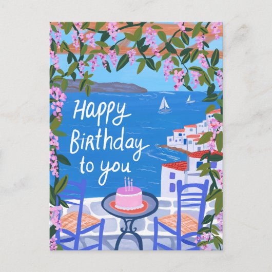 GELUKKIGE VERJAARDAG Bloemen Terras Grieks Eiland Briefkaart (Voorkant)