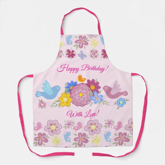 Gelukkige verjaardag Bloemen Tuin Vogels Patroon Schort (Voorkant)
