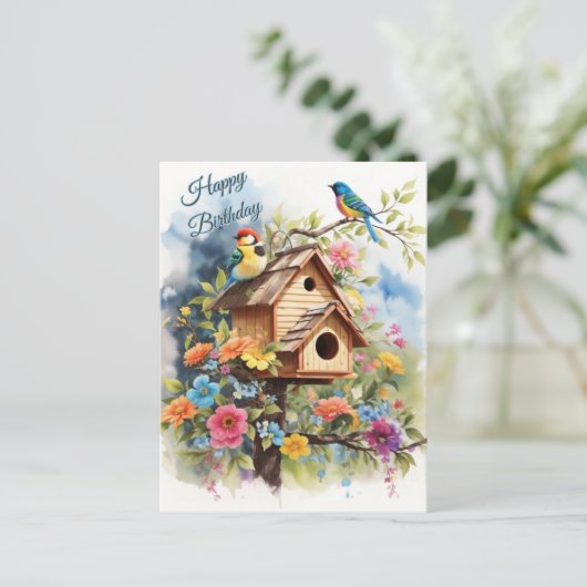 Gelukkige Verjaardag Bloemen Vogelhuis en Vogels Briefkaart (Staand voorkant)