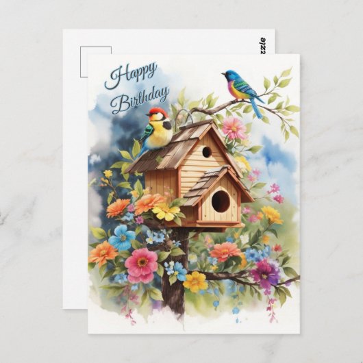 Gelukkige Verjaardag Bloemen Vogelhuis en Vogels Briefkaart (Voorkant / Achterkant)