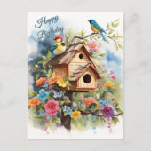 Gelukkige Verjaardag Bloemen Vogelhuis en Vogels Briefkaart (Voorkant)