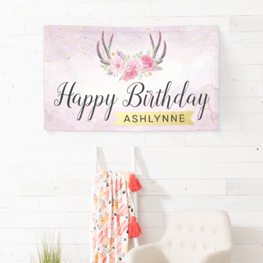 Gelukkige Verjaardag Bloemengewei Blush Pink & Gol Spandoek (Insitu)