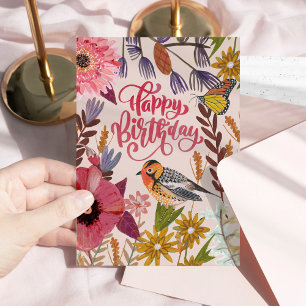 Gelukkige verjaardag bloemrijke vogel- en vlindert kaart