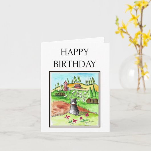 Gelukkige Verjaardag, Border Collie, Schaap, Boerd Kaart (Gele Bloem)