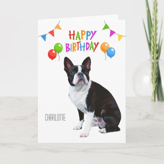 Gelukkige Verjaardag Boston Terrier Ballonnen en B Kaart (Voorkant)