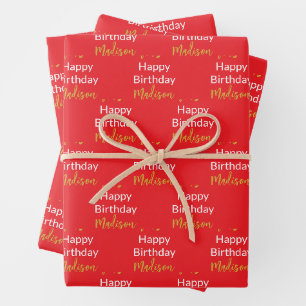 Gelukkige Verjaardag Bright Red White Gold Script  Inpakpapier Vel
