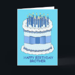 Gelukkige Verjaardag Broeder Cartoon Taart en Kaar Kaart<br><div class="desc">Een gigantische blauw-witte verjaardagstaart met een strik eromheen en de woorden 'Happy Birthday Brother'. De taart is bedekt met kaarsen.</div>