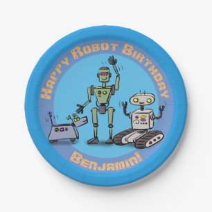Gelukkige verjaardag cartoon robots papieren bordje