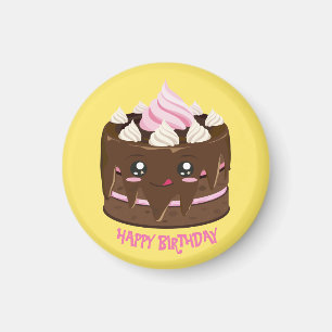 Gelukkige verjaardag chocoladetaart, kawaii, roze magneet