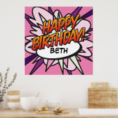 GELUKKIGE VERJAARDAG Comic Book Pop Art roze Poster (Keuken)