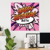 GELUKKIGE VERJAARDAG Comic Book Pop Art roze Poster (Thuiskantoor)
