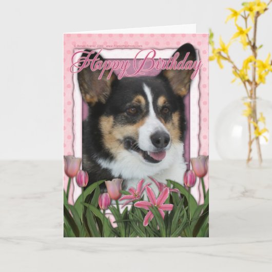 Gelukkige Verjaardag - Corgi Kaart (Gele Bloem)