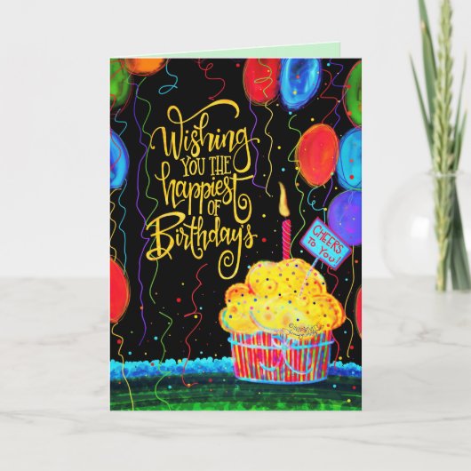 Gelukkige Verjaardag Cupcake Ballons Kaars Plezier Kaart (Voorkant)