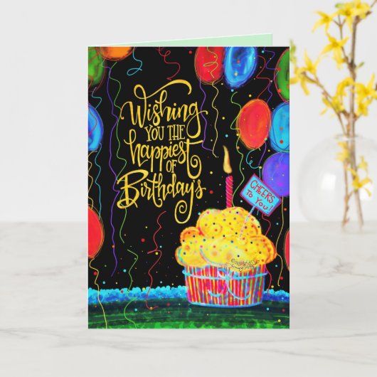 Gelukkige Verjaardag Cupcake Ballons Kaars Plezier Kaart (Gele Bloem)