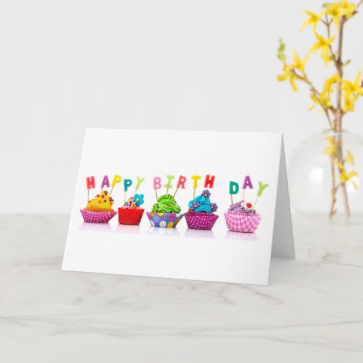 Gelukkige Verjaardag Cupcakes Kaart (Gele Bloem)