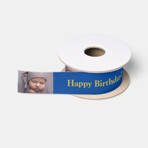 Gelukkige Verjaardag Custom Foto en naam Gold & Bl Satijnen Lint