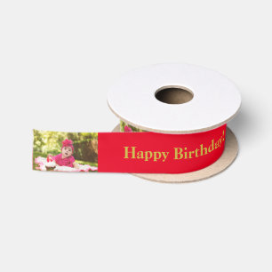 Gelukkige Verjaardag Custom Foto en naam Gold & Re Satijnen Lint