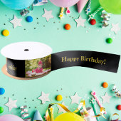 Gelukkige Verjaardag Custom Foto en naam Goud & Zw Satijnen Lint