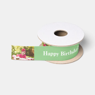 Gelukkige Verjaardag Custom Foto en naam Groen & W Satijnen Lint