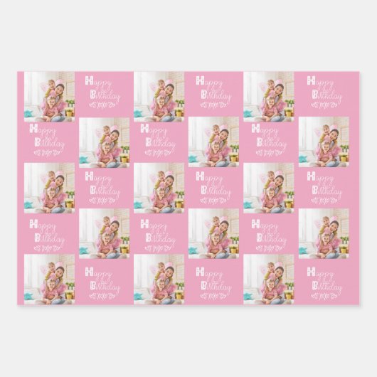 Gelukkige Verjaardag Custom Foto Roze Lavendel Set Inpakpapier Vel (Voorkant 2)