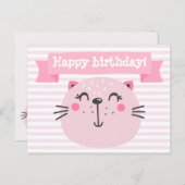 Gelukkige verjaardag! Cute roze kat - Kinderen van Aankondigingskaart (Voorkant / Achterkant)