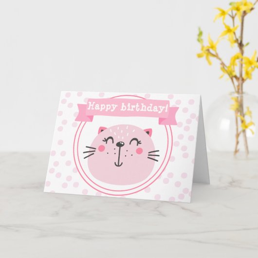 Gelukkige verjaardag! Cute roze kat - Kinderen van Kaart (Gele Bloem)