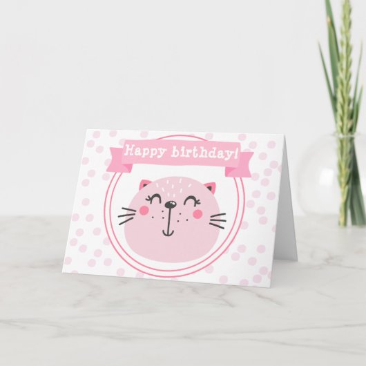 Gelukkige verjaardag! Cute roze kat - Kinderen van Kaart (Voorkant)