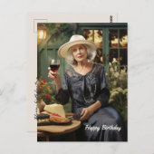 Gelukkige Verjaardag Dame in de tuin met wijn en k Briefkaart (Voorkant / Achterkant)