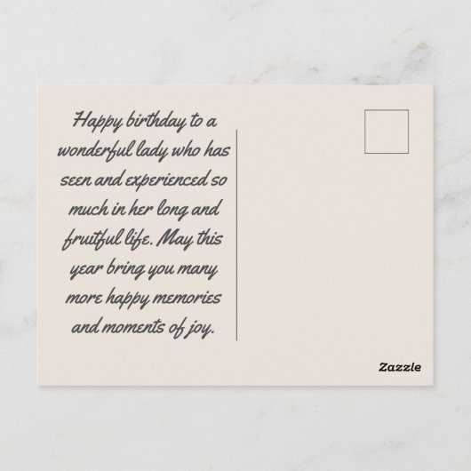 Gelukkige Verjaardag Dame in de tuin met wijn en k Briefkaart (Achterkant)