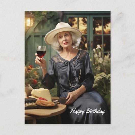 Gelukkige Verjaardag Dame in de tuin met wijn en k Briefkaart (Voorkant)