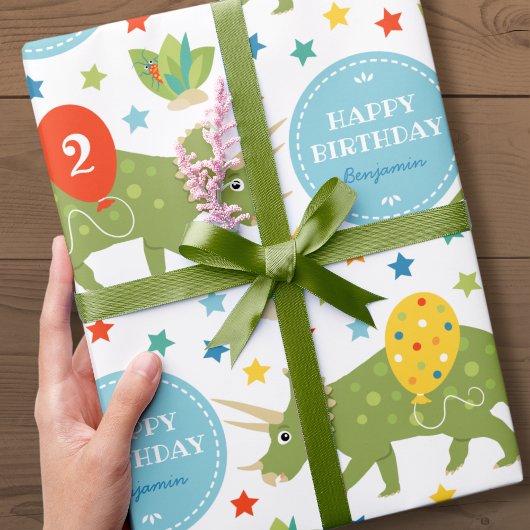 Gelukkige Verjaardag Dinosaurus Triceratops Naam L Cadeaupapier