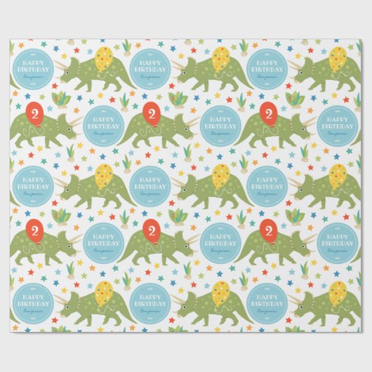 Gelukkige Verjaardag Dinosaurus Triceratops Naam L Cadeaupapier (Vlak)