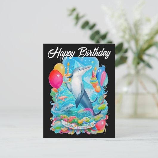 gelukkige verjaardag dolfijn met verjaardagshoedje briefkaart (Staand voorkant)