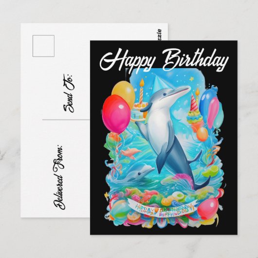 gelukkige verjaardag dolfijn met verjaardagshoedje briefkaart (Voorkant / Achterkant)