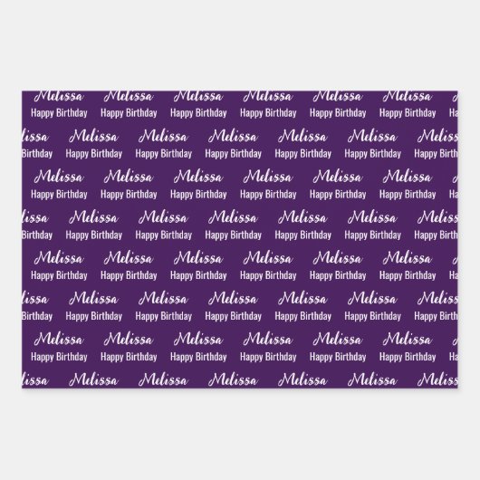 Gelukkige Verjaardag Donker Paarse en Witte Naam P Inpakpapier Vel (Voorkant 2)