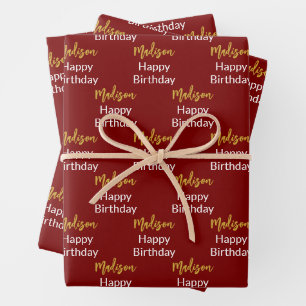 Gelukkige Verjaardag Donkerrood Wit Goud Script Na Inpakpapier Vel