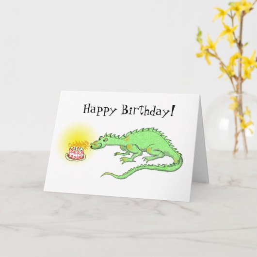 Gelukkige Verjaardag Dragon & taart kaart (Gele Bloem)