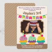 Gelukkige Verjaardag Drie Cupcakes Bunting Foto Kaart (Voorkant / Achterkant)